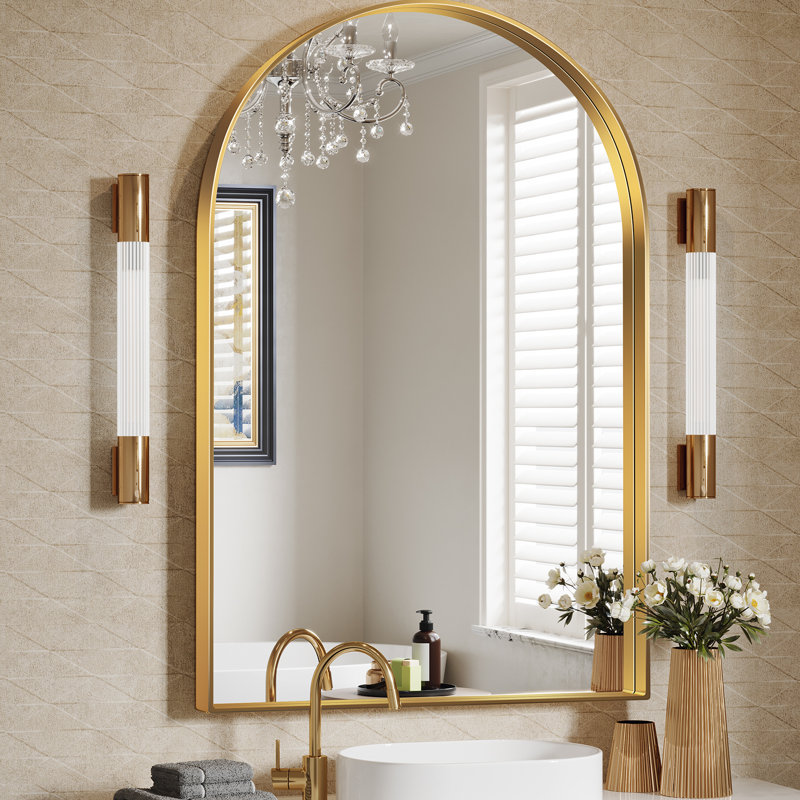 Miroir mural en arche de métal pour salle de bain, salon, vestibule 36 po x 24 po Axia, 36 po x 24 po, Or brossé