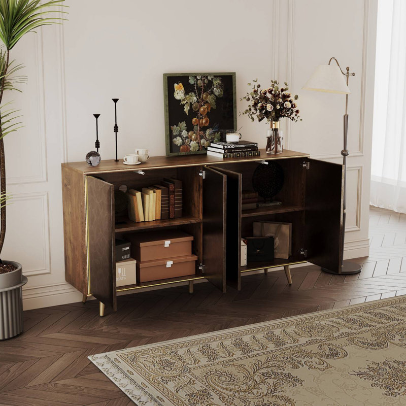 4 Door Sideboard Buffet Cabinet with Raised Shaped and Geometric Line Texture Door Panel, Brown