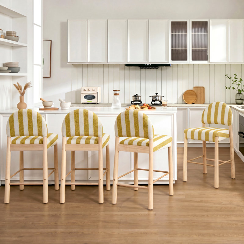 Tabouret de comptoir revêtu de lin 26,4 po avec cadre en bois massif Hyland (ensemble de 4), Jaune / Blanc, Naturel