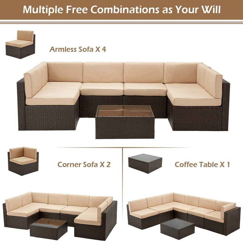 Emilienne PE Wicker 6-Person Patio Conversation Set, Brown, Beige