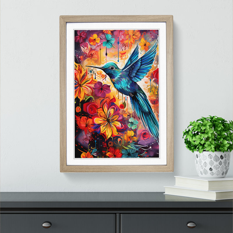 Hummingbird Pop - Framed Print, 34cm H x 25cm W x 2cm D, Oak Framed
