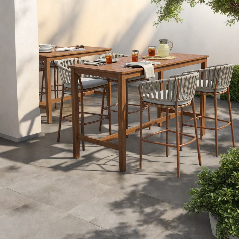 Ensemble de bar de patio en métal durable, finition teck et coussin beige, utilisation extérieure moderne