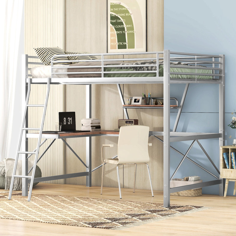 Lit mezzanine double en métal et en MDF avec bureau et tablette, Argent argent