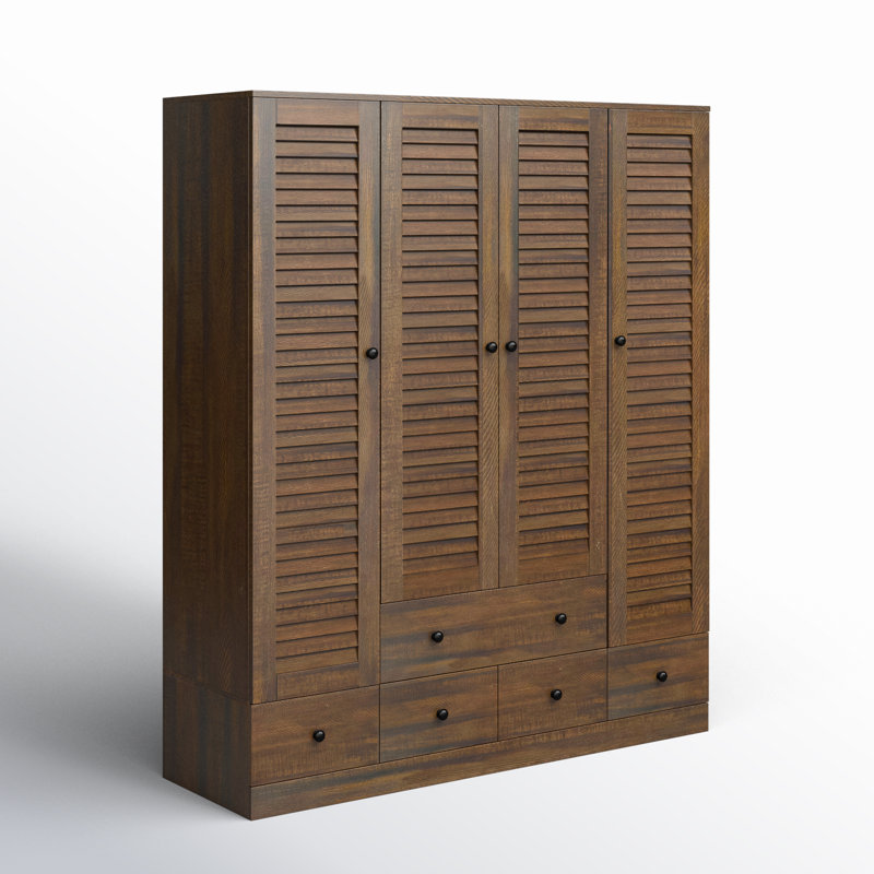 Armoire de 150 cm de large avec portes à persiennes, 5 tiroirs, penderies et étagères., Brun