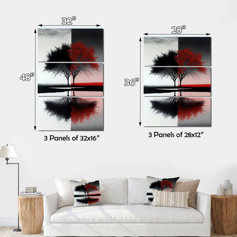 Arbres abstraits rouges et noirs au bord du lac, 3 pièces, H 28 po x l 36 po x P 1 po