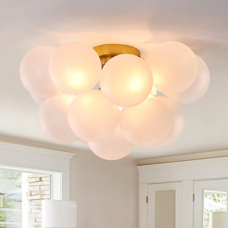 Lustre 3 lumières encastré moderne en verre blanc laiteux, Milk White Glass Globe