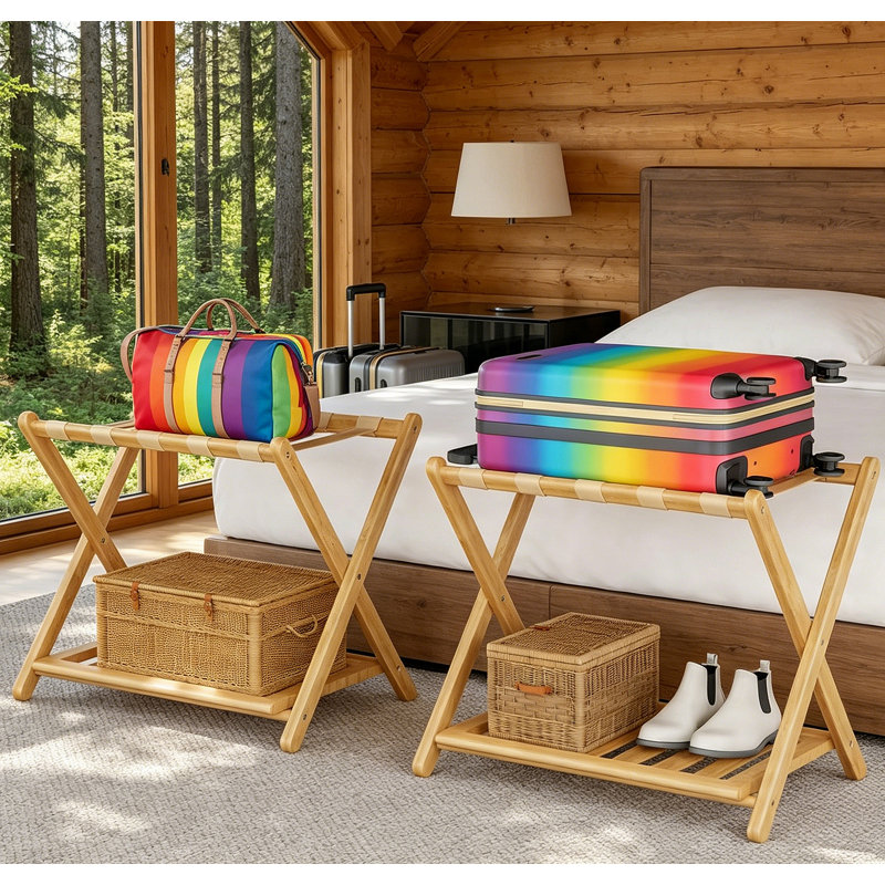 Porte-bagage à 2 niveaux sans assemblage, porte-valise pliable en bambou à 2 niveaux, peu encombrant pour chambre d'amis