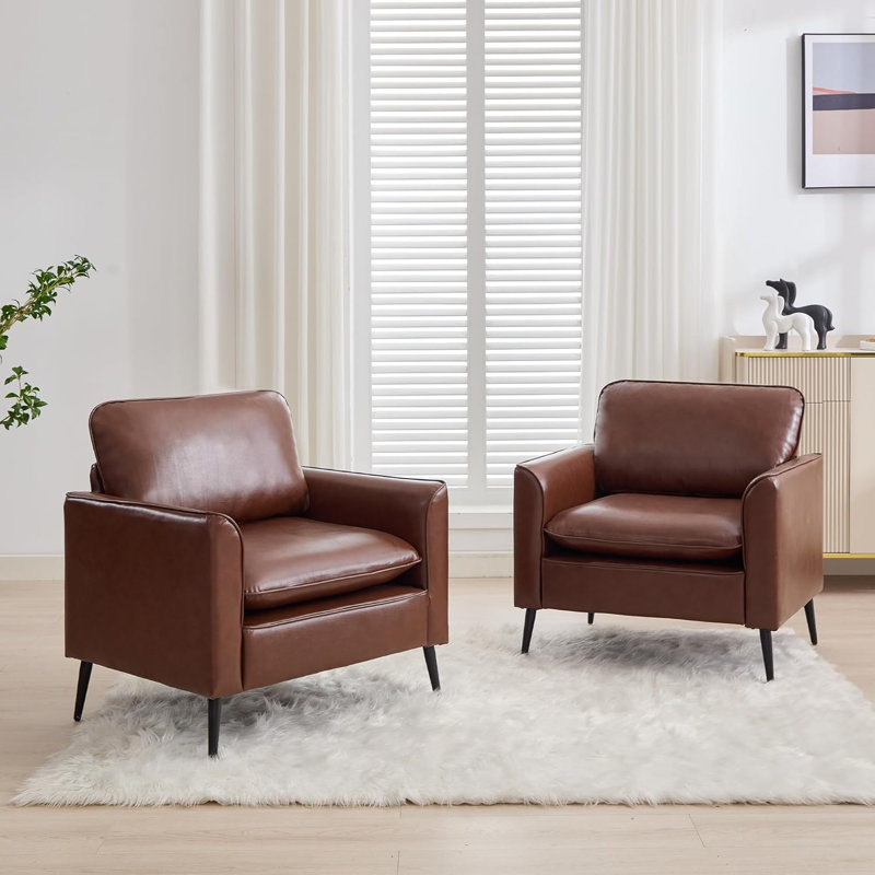 32In Wide Faux Leather Armchair (Set Of 2), Brown Faux Leather