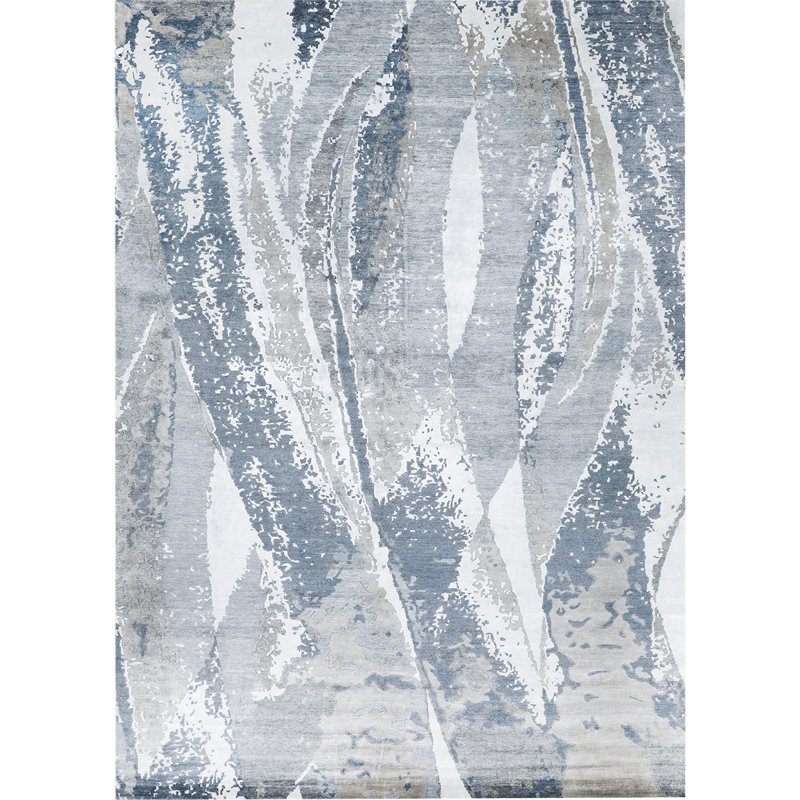 Tapis gris et bleu noué à la main de haute qualité, Rectangle 8 pi 9 po x 11 pi 9 po