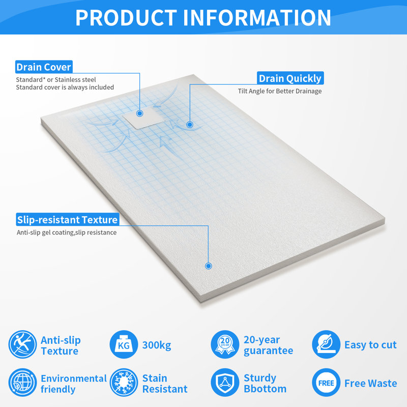 Slip-Resistance 32mm H Square White Shower Tray, 3.2cm H x 80cm W x 120cm D