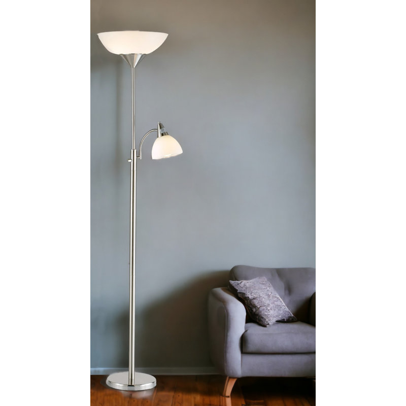 Blasdell 71" Two Light Torchiere Floor Lamp With White Acrylic Bowl Shades, White