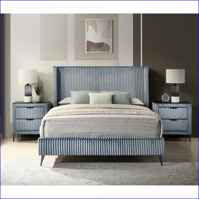 Ensemble de chambre à coucher avec grand lit à oreilles en velours côtelé large avec 2 tables de chevet, bleu marine | Lits à oreilles | Tissu + métal, panneau de fibres à densité moyenne + panneau de fibres à densité moyenne