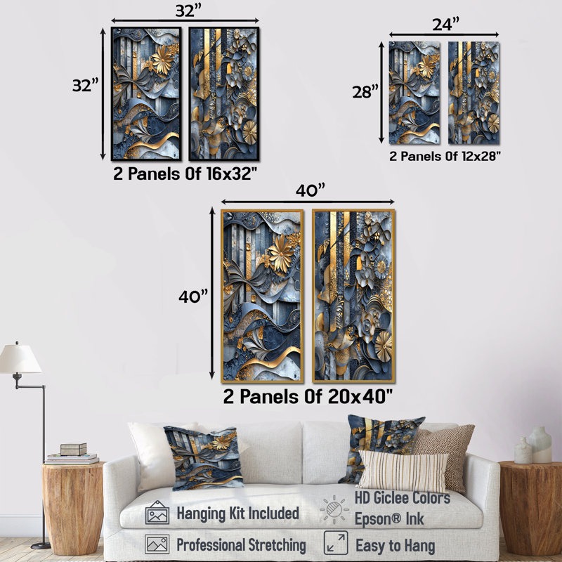 «Blue and Grey Coastal Abstract Tiles III», ensemble de 2 reproductions d'art abstrait, H 28 po x l 24 po