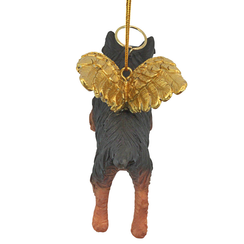 Yorkie Angel Ornament with Golden Wings in Resin