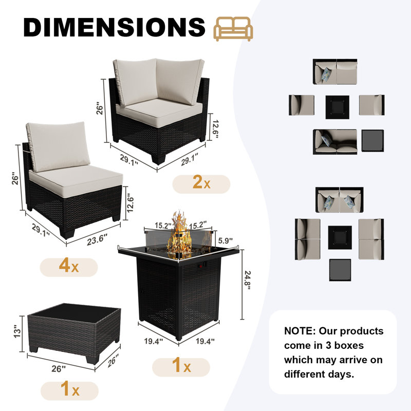 8 Pieces Patio Furniture Set With Fire Pit Table, Includes Splashproof Anti-Slip Cushions - Perfect For Outdoor, Deck, Garden, Poolside