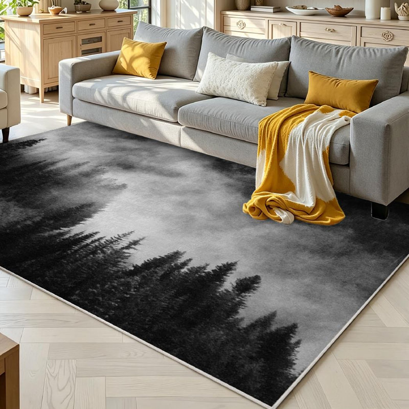 Black Trees Cloud White Washington Mountain Indoor Area Rug, Rectangle 71" x 98"
