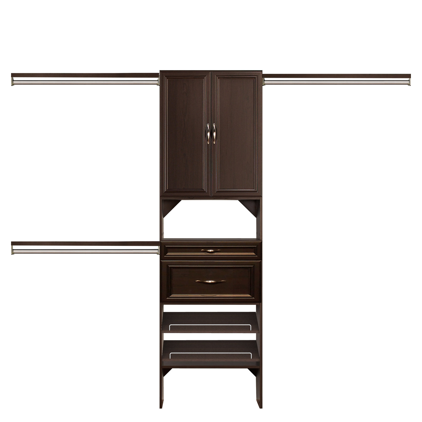84" W - 120" W Closet System with Doors, Drawers and Shoe Shelves, Espresso