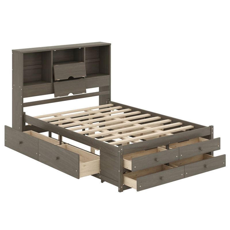 Lit plateforme très grand avec tête de lit à rangement et 8 tiroirs, fabrication en bois massif, aucun sommier tapissier requis, gris