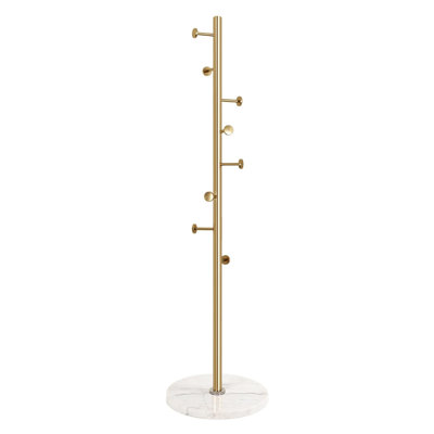  Gold and White Stainless Steel Freestanding Clothing Rack with Marble Base and 8 Hooks