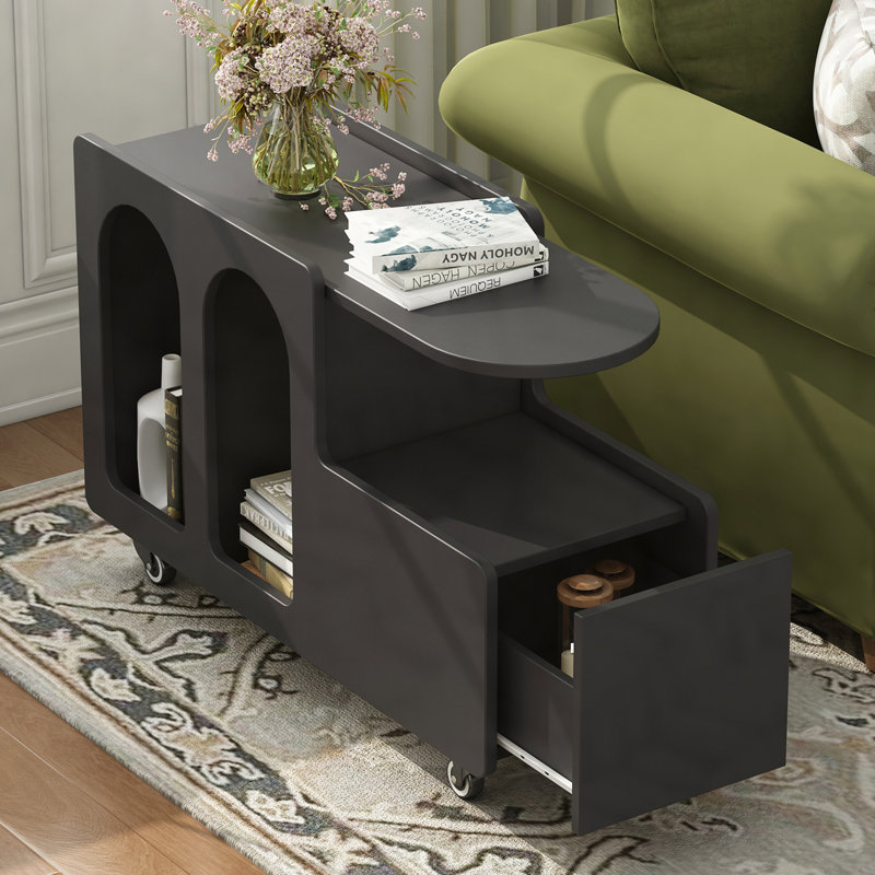 Mobile End Table with lockable wheels, Cream Style Side Table with Storage Drawer, 11.8inch Narrow Nightstand with Multi-layer Storage, Living Room,