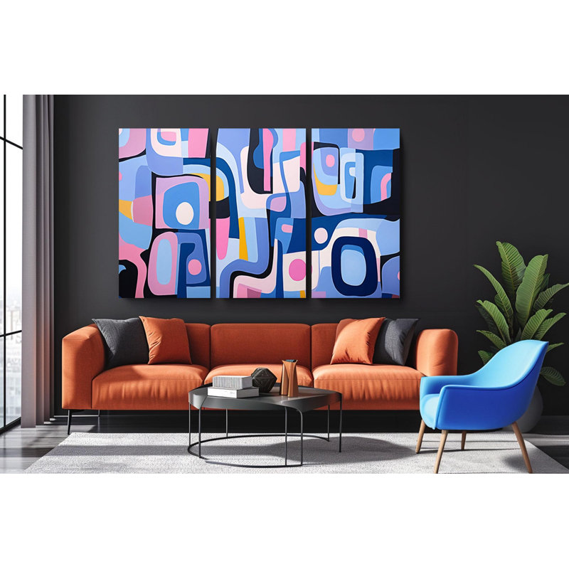 «Triptych», art mural moderne sur toile, peinture géométrique bleue et rose - grande décoration murale contemporaine, reproduction artistique audacieuse