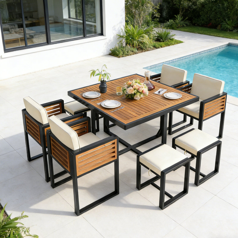 9-Piece Acacia Wood 8-Person Patio Dining Set, Beige