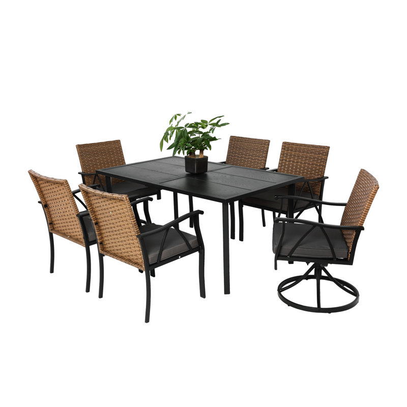 Ensemble de 7 chaises de patio, coussins confortables et table en acier, meuble d'extérieur brun / gris, table d'appoint, fauteuils confortables, brun / gris