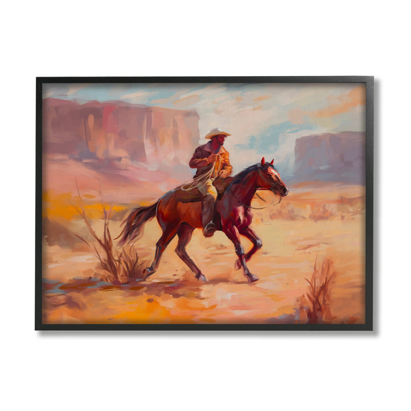Cowboy chevauchant un paysage désertique encadré sur bois par Ziwei Li, impression, Giclée encadrée noir minuit