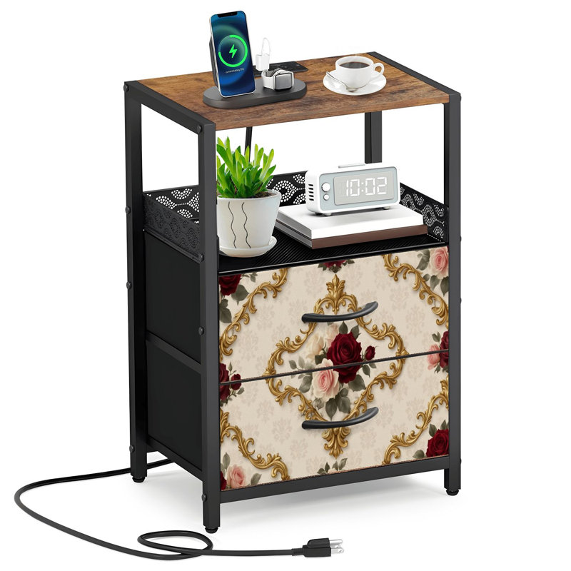 Table de chevet 2 tiroirs en tissu avec station de recharge
