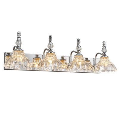 Luminaire de salle de bain 4 lumières chromé rétro avec abat-jour en verre fleuri sur miroir