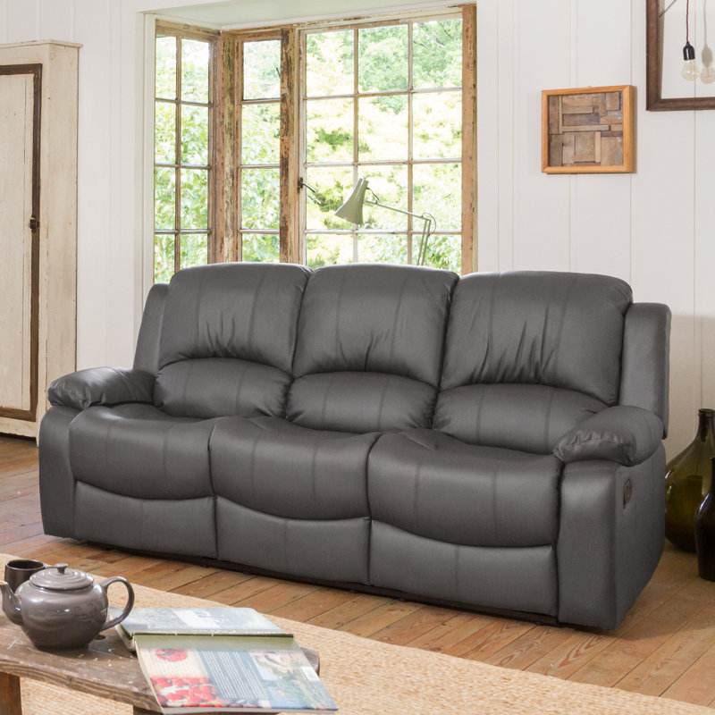Manervia 3 Seater Faux Leather Reclining Sofa, Grey