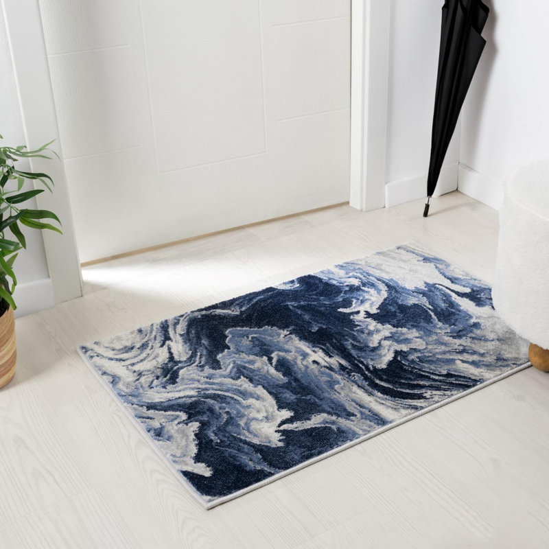 Tapis abstrait bleu en polypropylène tissé à la machine Jacleen, Rectangle 1 pi 11 po x 3 pi