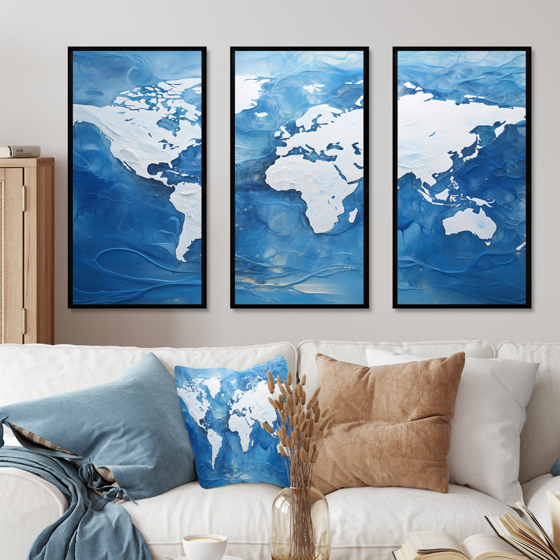 «Majestic Meridians Blue World Map I», ensemble d'art mural sur toile carte du monde, Cadre flottant noir