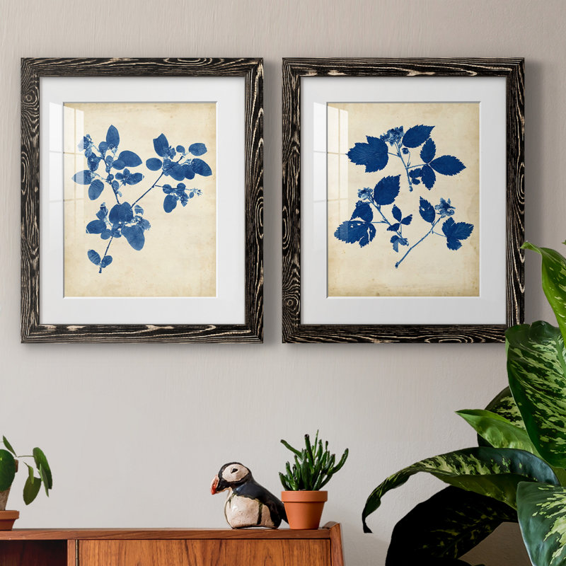 " Indigo Leaf Study V " 2 - Pieces, 24" H x 36" W x 1.5" D, Black Framed Paper, White