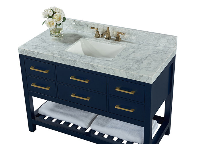Elizabeth 48'' W Single Vanity, Carrara White, Gold, Heritage Blue
