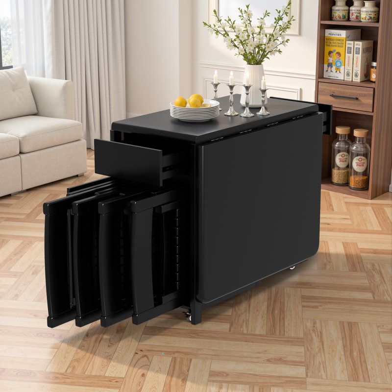 Folding Drop Leaf Dining Table and Chairs, Fully Assembled Solid Wood Space-Saving Kitchen Table and Chairs Set with Storage & Lockable Wheels