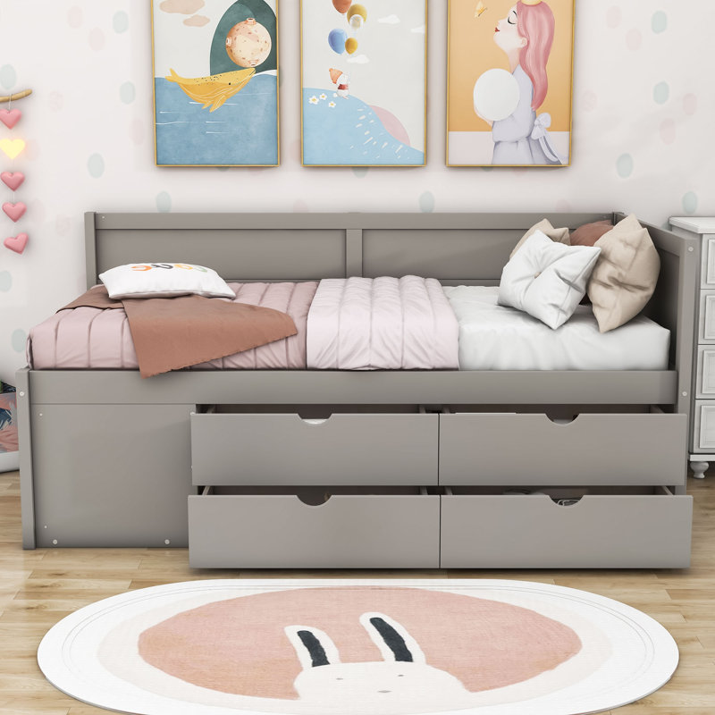 Lit de jour en bois avec tiroirs et tablettes, Gris, Lit simple