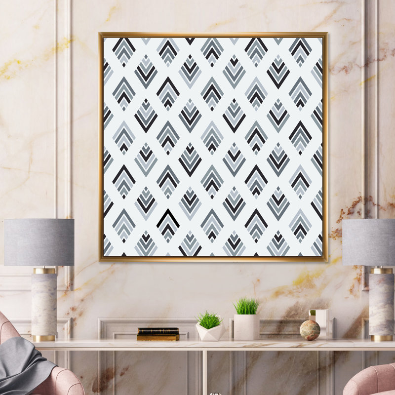 Gris et diamant noir géométrique - impression sur toile, H 16 po x l 16 po, Cadre flottant doré