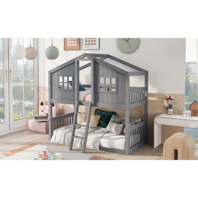 Twin Over Twin House Bunk Bed With Ladder, Wood Bed-Gray