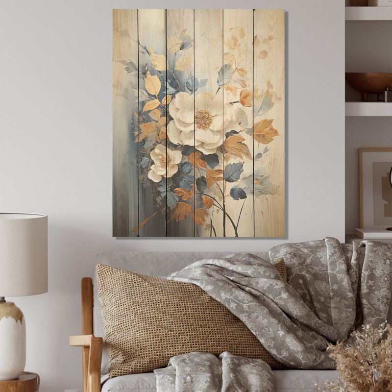Rêve de fleurs dorées et blanches dorées - art saisonnier sur bois de pin naturel, H 32 po x l 24 po