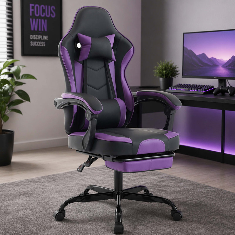 Fauteuil de jeu de course en cuir de polyuréthane bicolore, fauteuil de bureau pivotant inclinable verrouillable à 90 ° -135 ° avec appui-tête détachable, repose-pieds rétractable et accoudoirs à attaches synchrones 3D