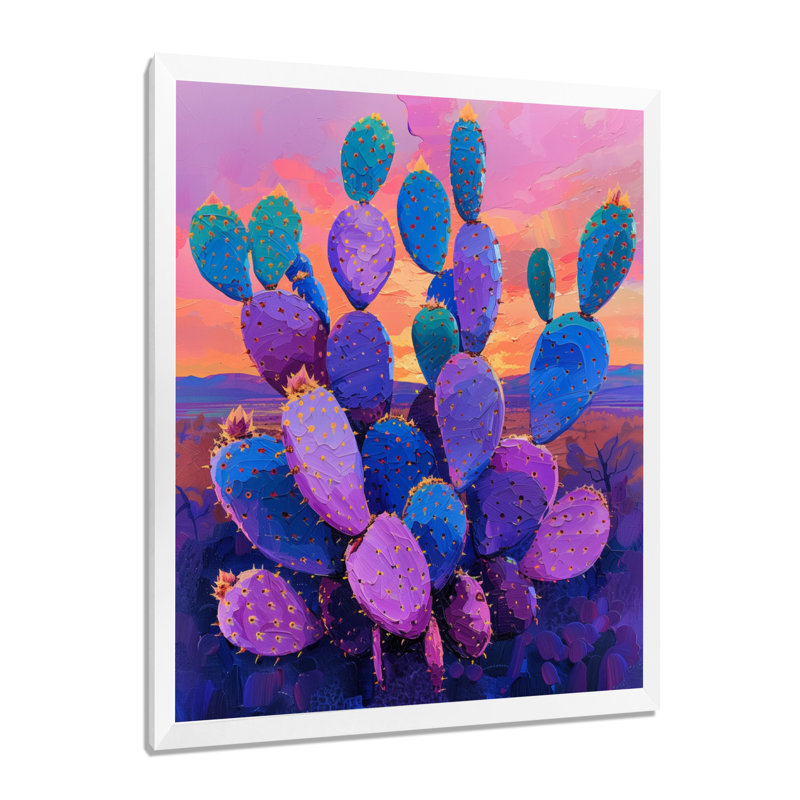 Cactus mauve et bleu, coucher de soleil Vibes I - décoration murale cactus floral, H 32 po x l 16 po x P 1 po