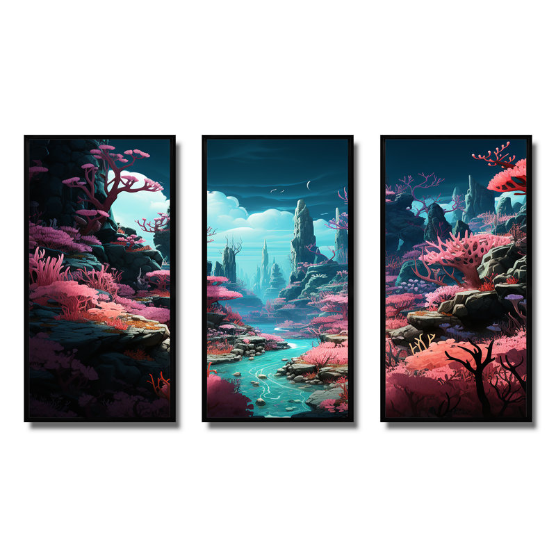 «Life In Coral Reef Paradise I» - art mural bord de mer tropical, Cadre flottant noir, H 28 po x l 36 po x P 1 po