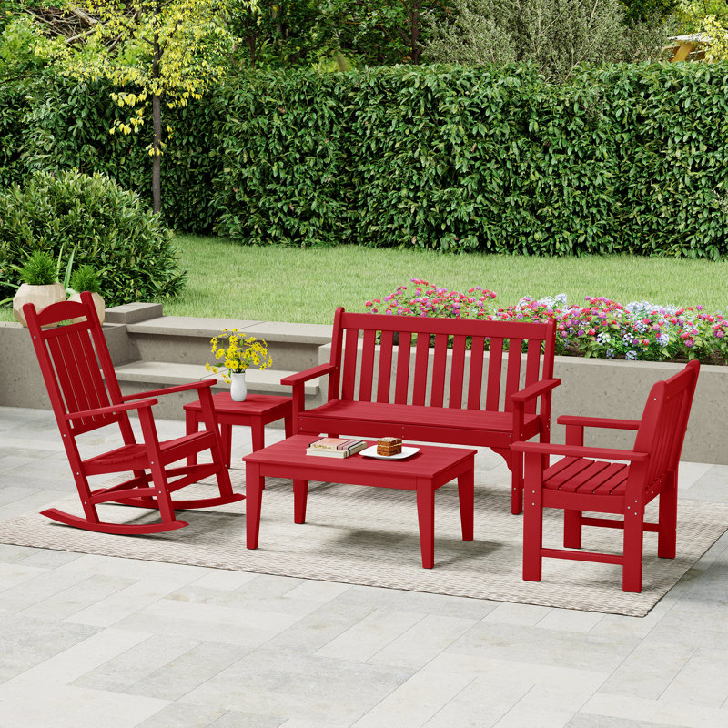 Poly 5-Piece Bench & Rocking Chair Set, Red