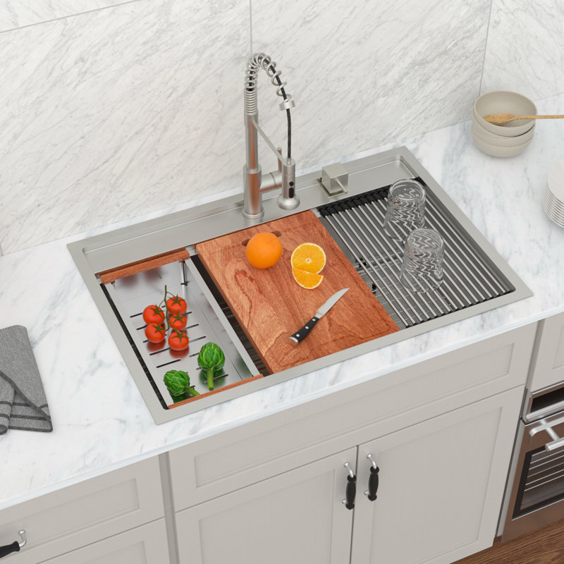 33"x 22" Drop In Kitchen Sink Single Bowl Stainless Steel Brushed Workstation Sink with Faucet Hole