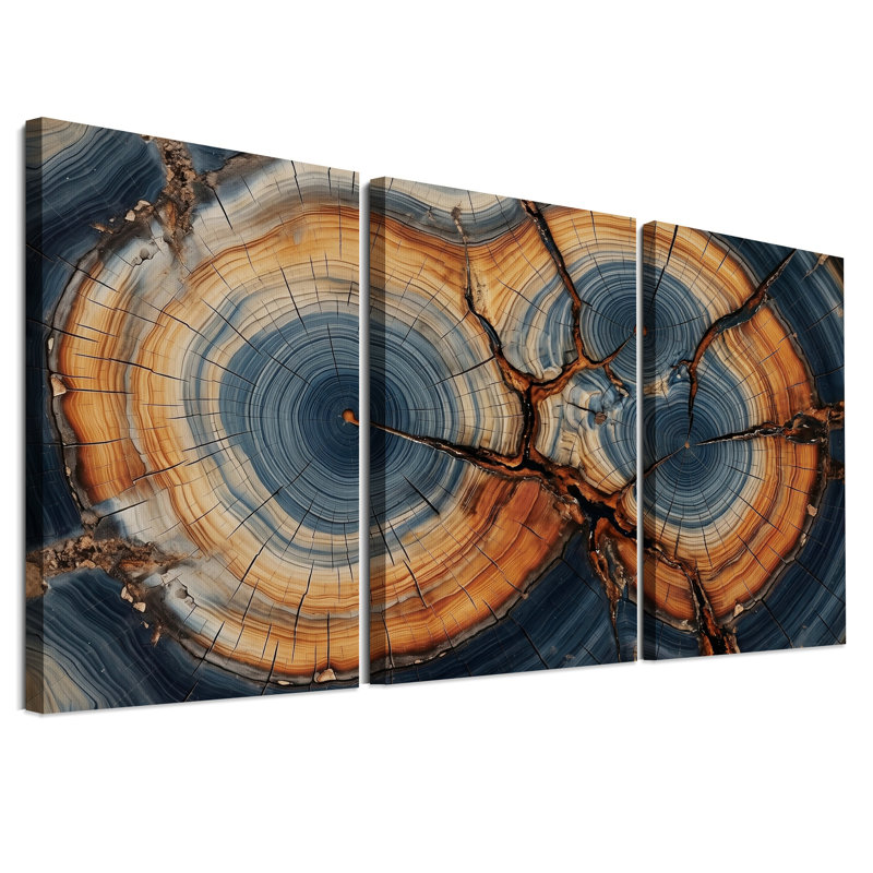 Ensemble de 3 toiles murales représentant des anneaux d'arbres craquelés bleus et orange, 24"H x 16"W x 3pcs