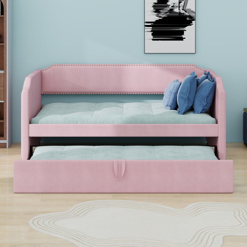 Velvet Upholstered Daybed With Pop Up Trundle, Pink