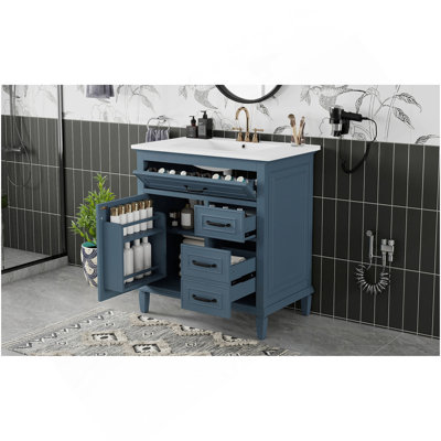 Meuble-lavabo de 30 pouces avec comptoir en céramique, structure en bois, armoire en bois aggloméré et pin, tiroirs rabattables, tablette réglable et poignées en alliage de zinc, armoire de rangement autoportante (robinet non inclus)