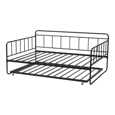 Full Size Metal Daybed Frame with Trundle, Black Twin Guest Bed with Rolling Storage Base & Safety Rails
