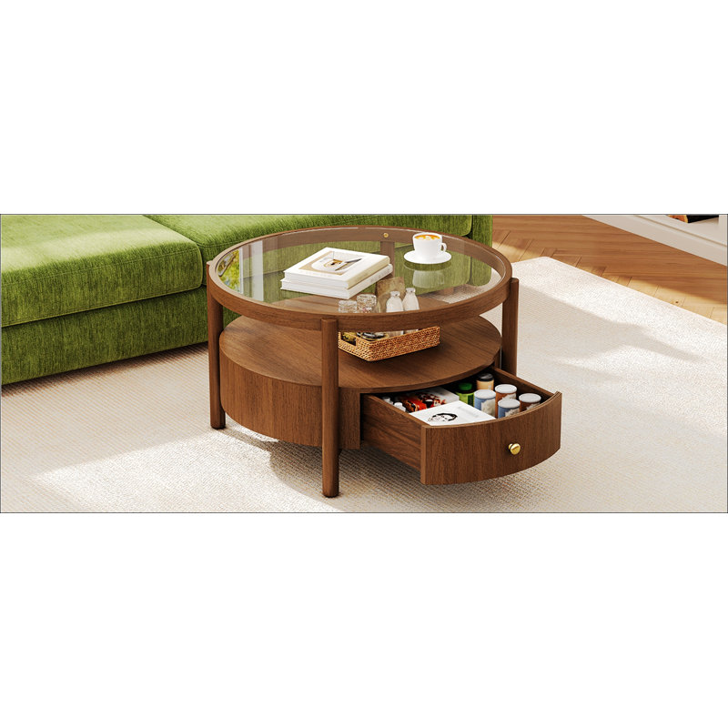 Table basse ronde à plateau en verre avec base en bois de noyer et tiroir caché pour le rangement de salon moderne